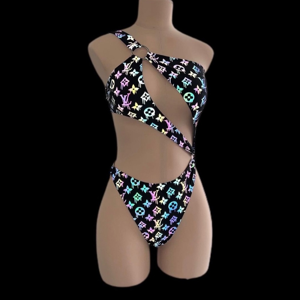 Sexy cut out reflective designer inspired bodysuit with garters